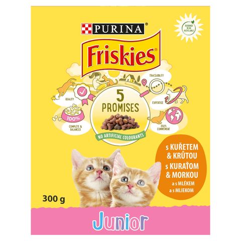 Friskies Junior száraz macskaeledel csirkével, tejjel és hozzáadott zöldségekkel 300 g