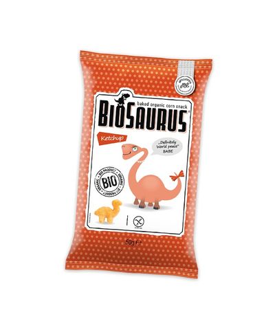 BioSaurus BIO ketchupos ízesítésű extrudált kukoricás snack 50 g