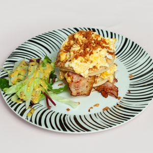 Pancakes with bacon and egg