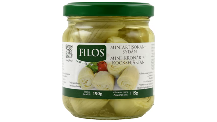 Miniartisokansydän suolaliemessä 190/115g artisokka Filos  kotiinkuljetettuna Foodora Market Pasila