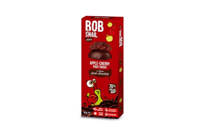 Bob-Snail Natural Apple-cherry fruit rolls in Belgian dark chocolate 30g