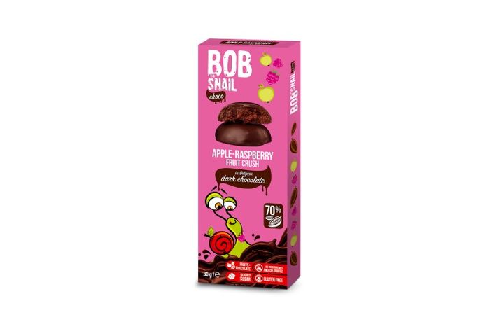 Bob-Snail Natural Apple-raspberry fruit rolls in Belgian dark chocolate  30g