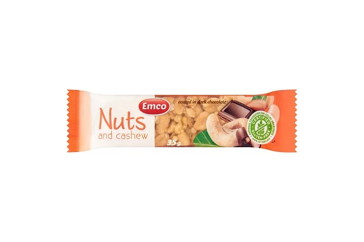 Emco Gluten-Free Nut Bar with Cashew Nuts, Half-Coated in Dark Chocolate 35 g