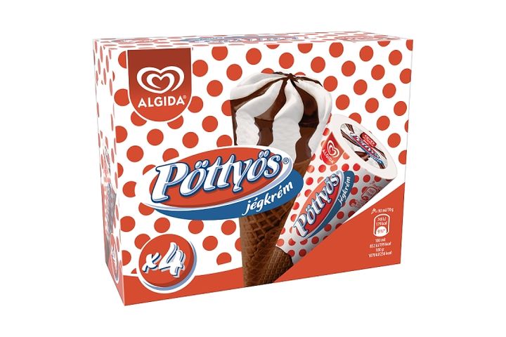 Algida Pöttyös Cottage Cheese Ice Cream in Cocoa Wafer Cone with Cocoa Coating 4 x 90 ml (360 ml)