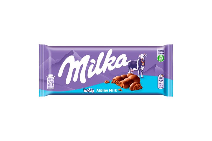 Milka Bubbly alpesi tejcsokoládé levegőbuborékos tejcsokoládé töltelékkel 90 g