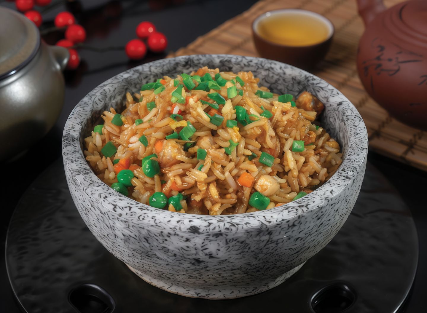 家常炒饭，米饭搭配鸡蛋与蔬菜
