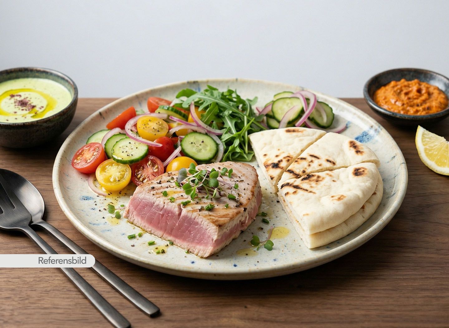 Tonfisk med pita och grönsaker