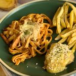 Baked Fish With Pasta And Crispy Fries