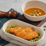 Chicken Milanesa With Spaghetti Pasta & Vegetable Soup