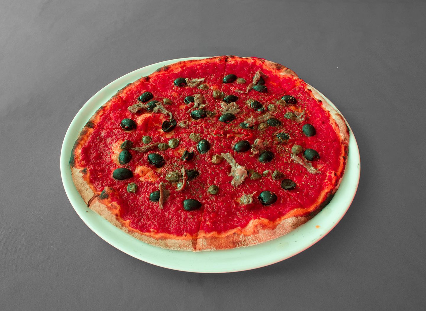 Siciliana Pizza - Tomato Sauce, Black Olives, Capers, Italian Anchovies,  Mozzarella di Bufala, EVOO