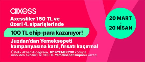 Axess’e özel 20 Mart – 20 Nisan 2023 tarihleri arasında Yemeksepeti’nden yapacağınız dördüncü 150 TL ve üzeri alışverişinize 100 TL chip-para!