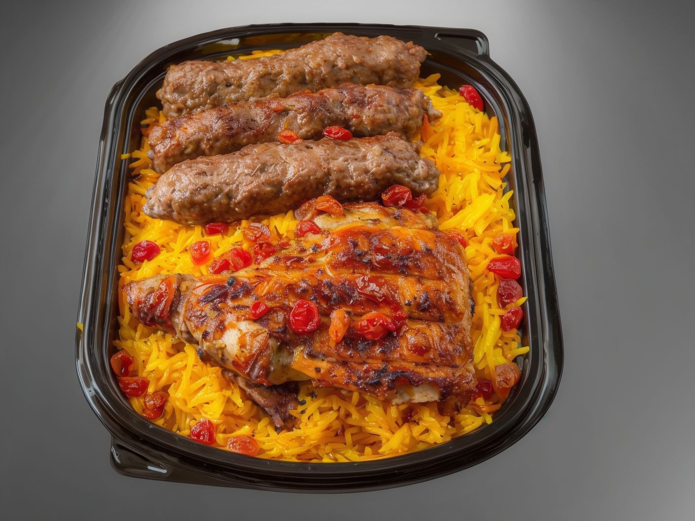 3 pieces of kofta and a quarter grilled chicken thighs with rice