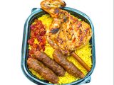 3 Kofta pieces, a quarter grilled chicken breast, and rice