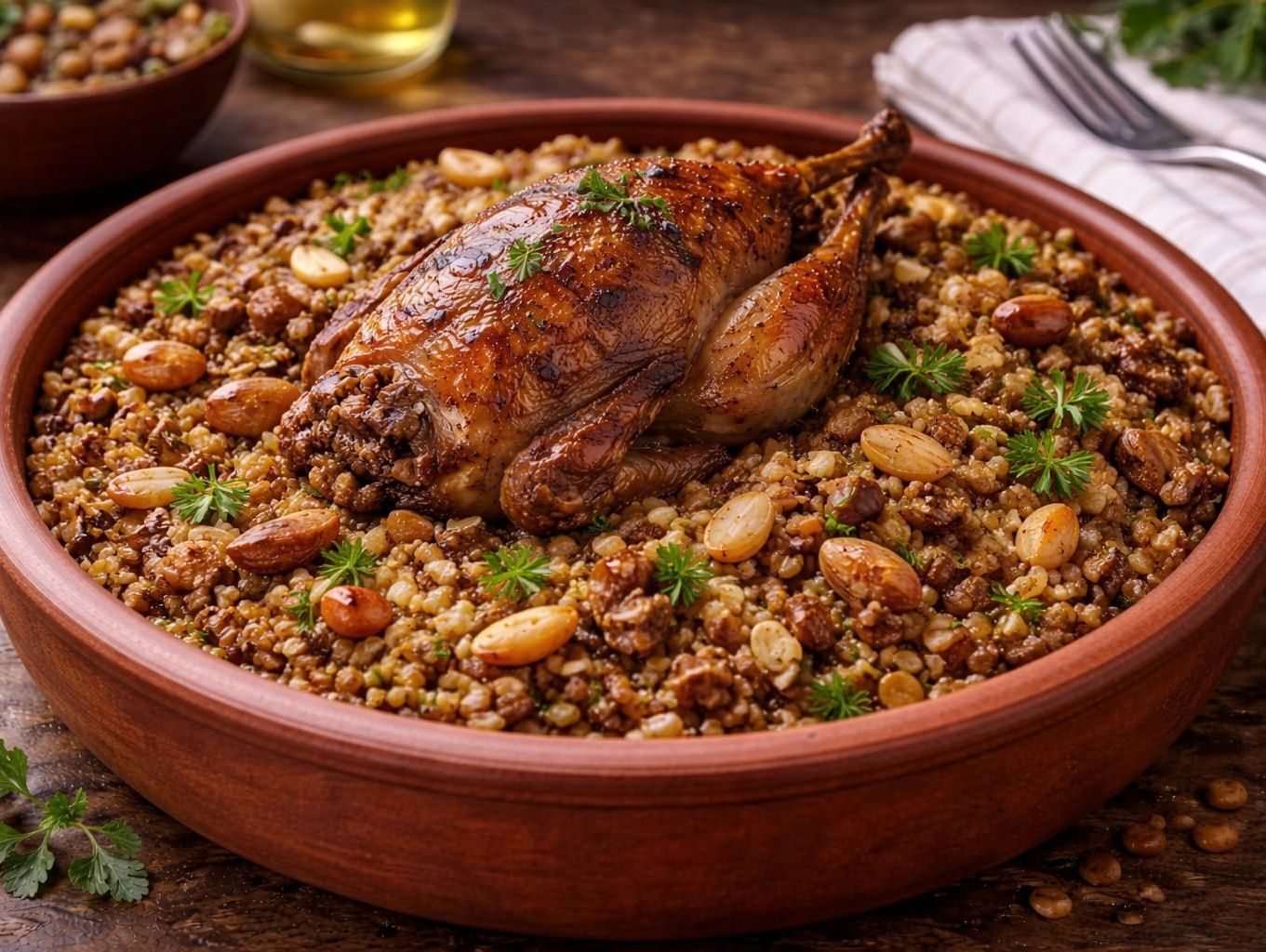Stuffed pigeon tagine with freekeh