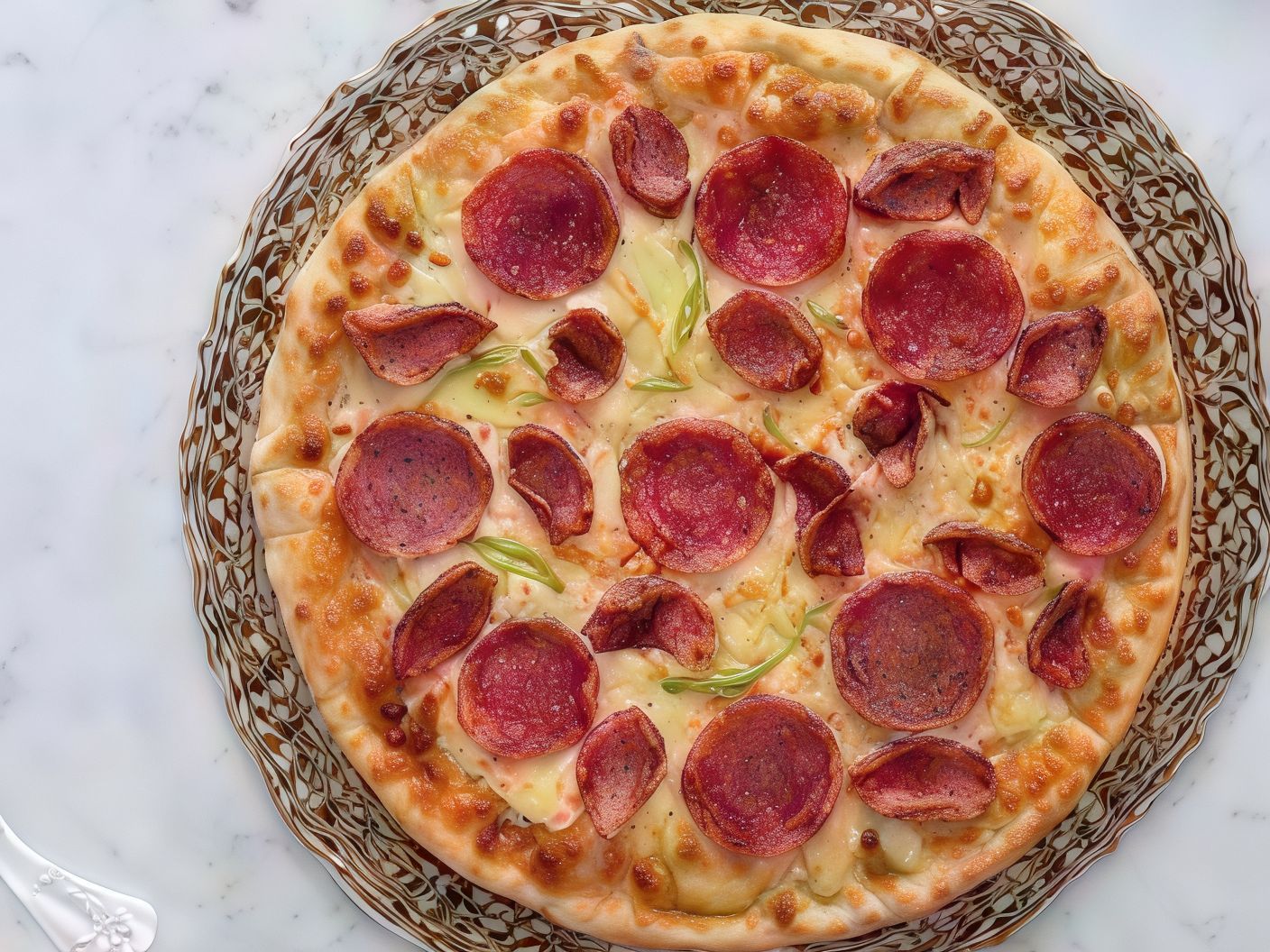 Oriental pizza with pastrami and sausage