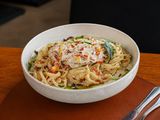 Chicken and beef bacon pasta in a creamy sauce