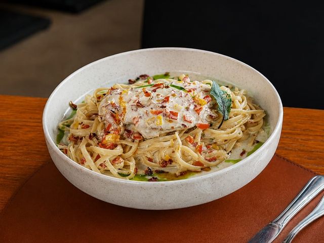 Chicken and beef bacon pasta in a creamy sauce