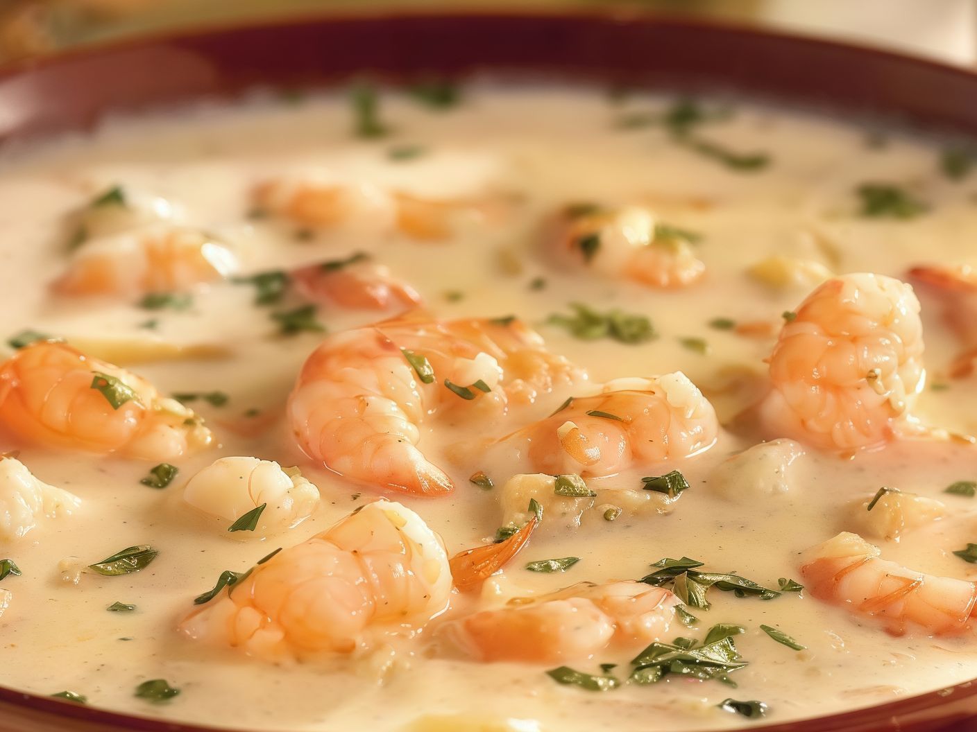 Shrimp Casserole With White Sauce And Mozzarella Cheese