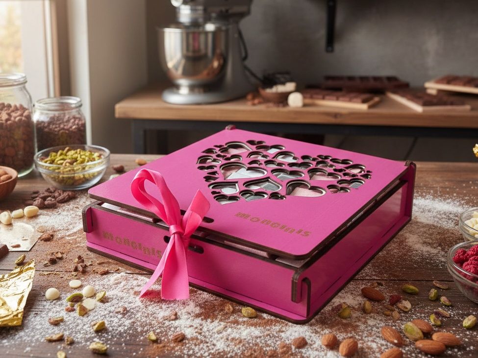 Wooden Box Of Rose Heart Chocolates