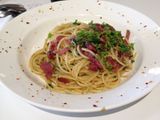 Spaghetti Aglio e Olio with Beef Bacon