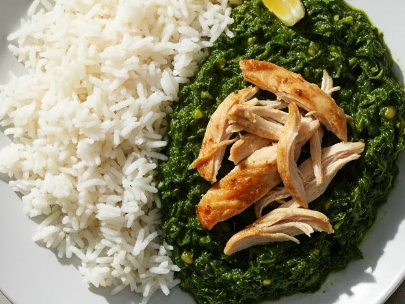 Molokheya With Egyptian Rice And Chicken Slices