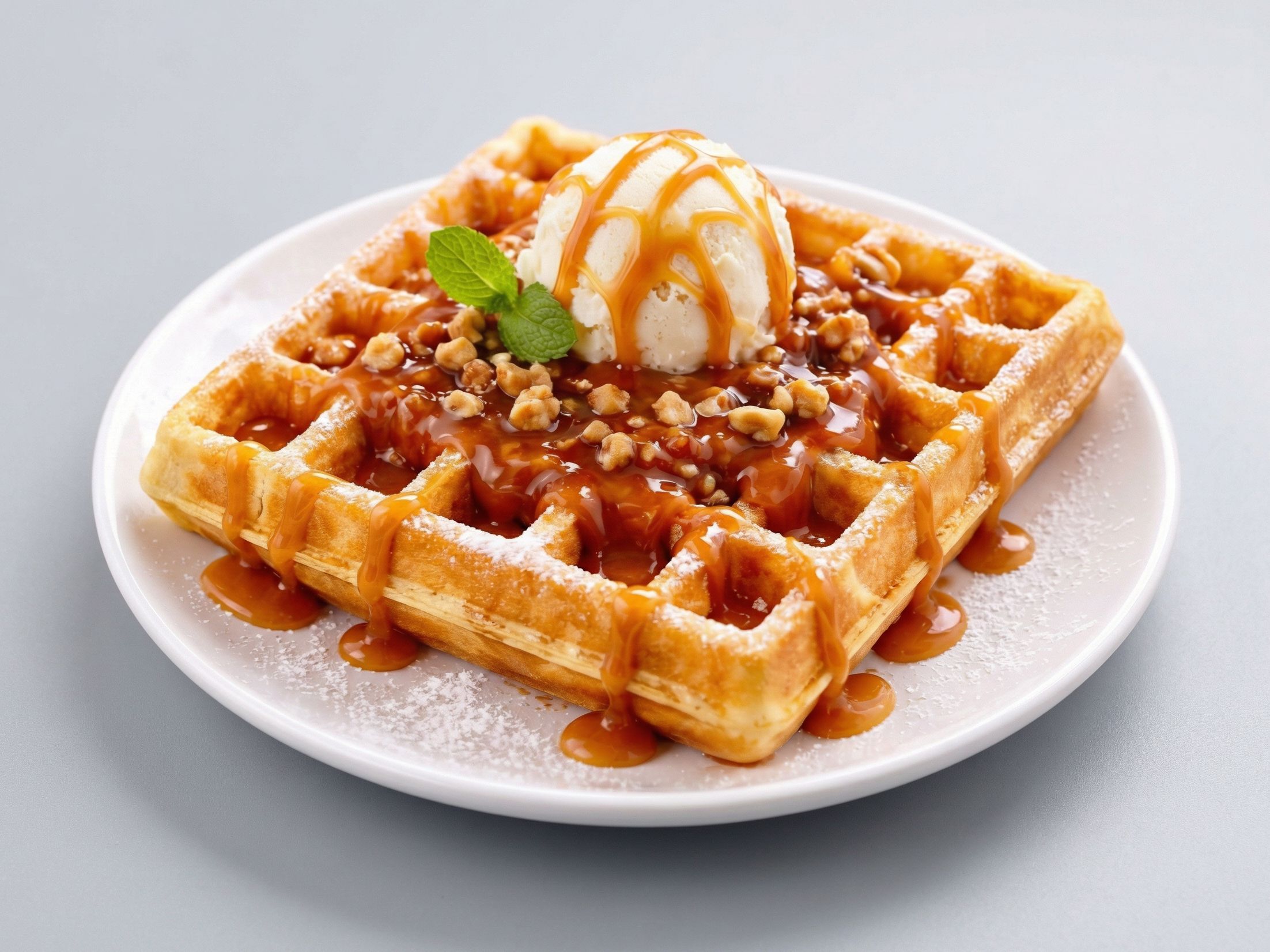 Waffle with caramel sauce