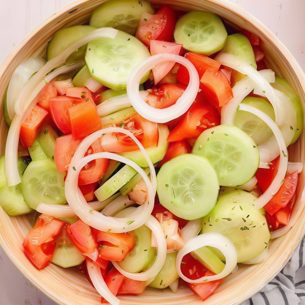 Tomatoes, onions, and cucumbers