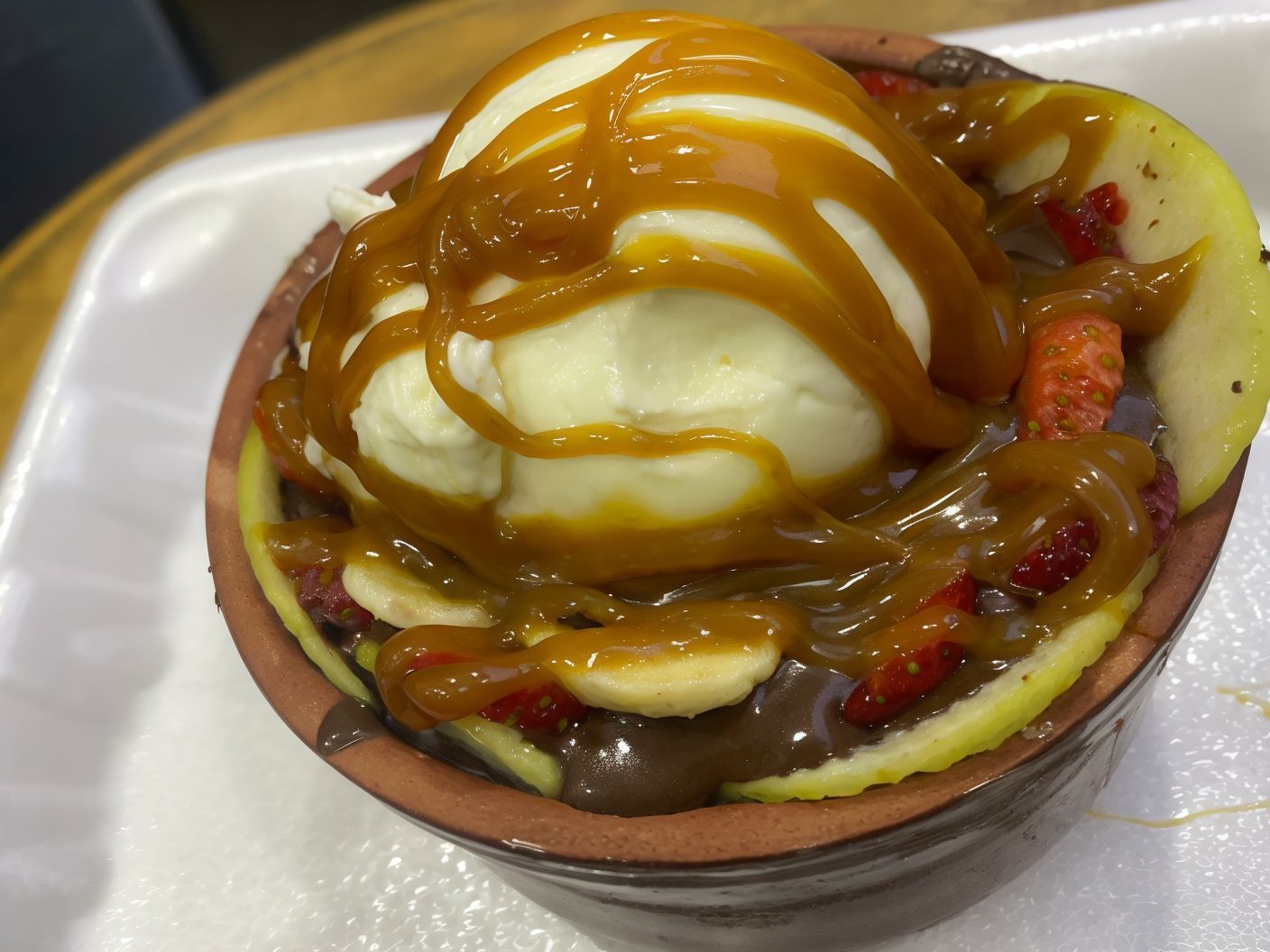 Chocolate Casserole with Mix Fruit and Ice Cream