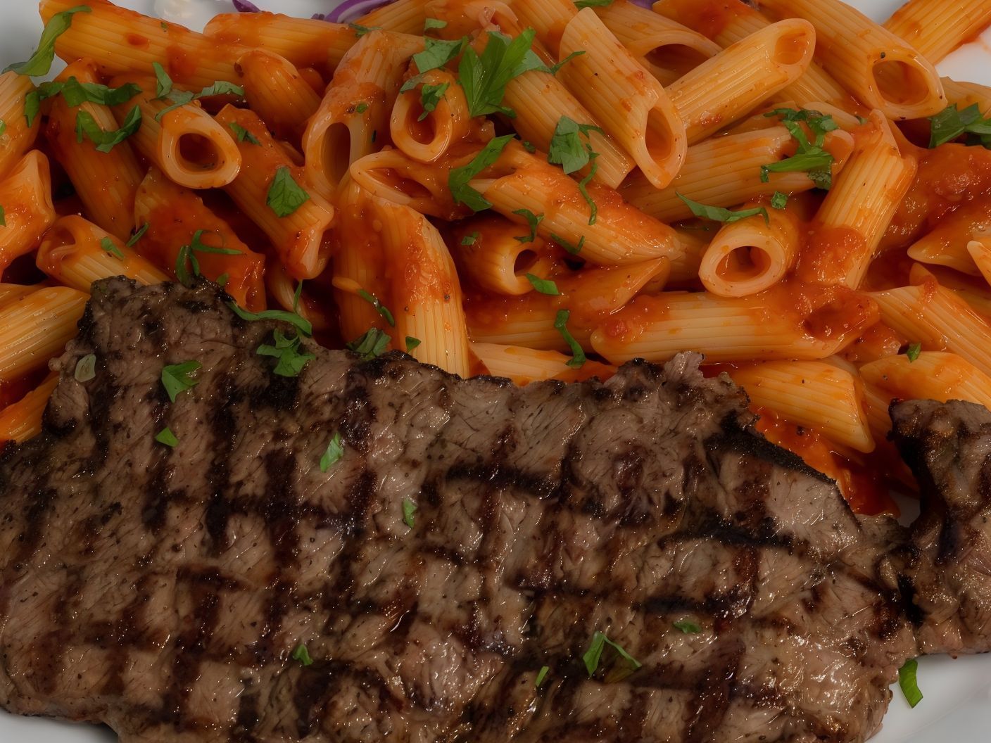 grilled steak with pasta