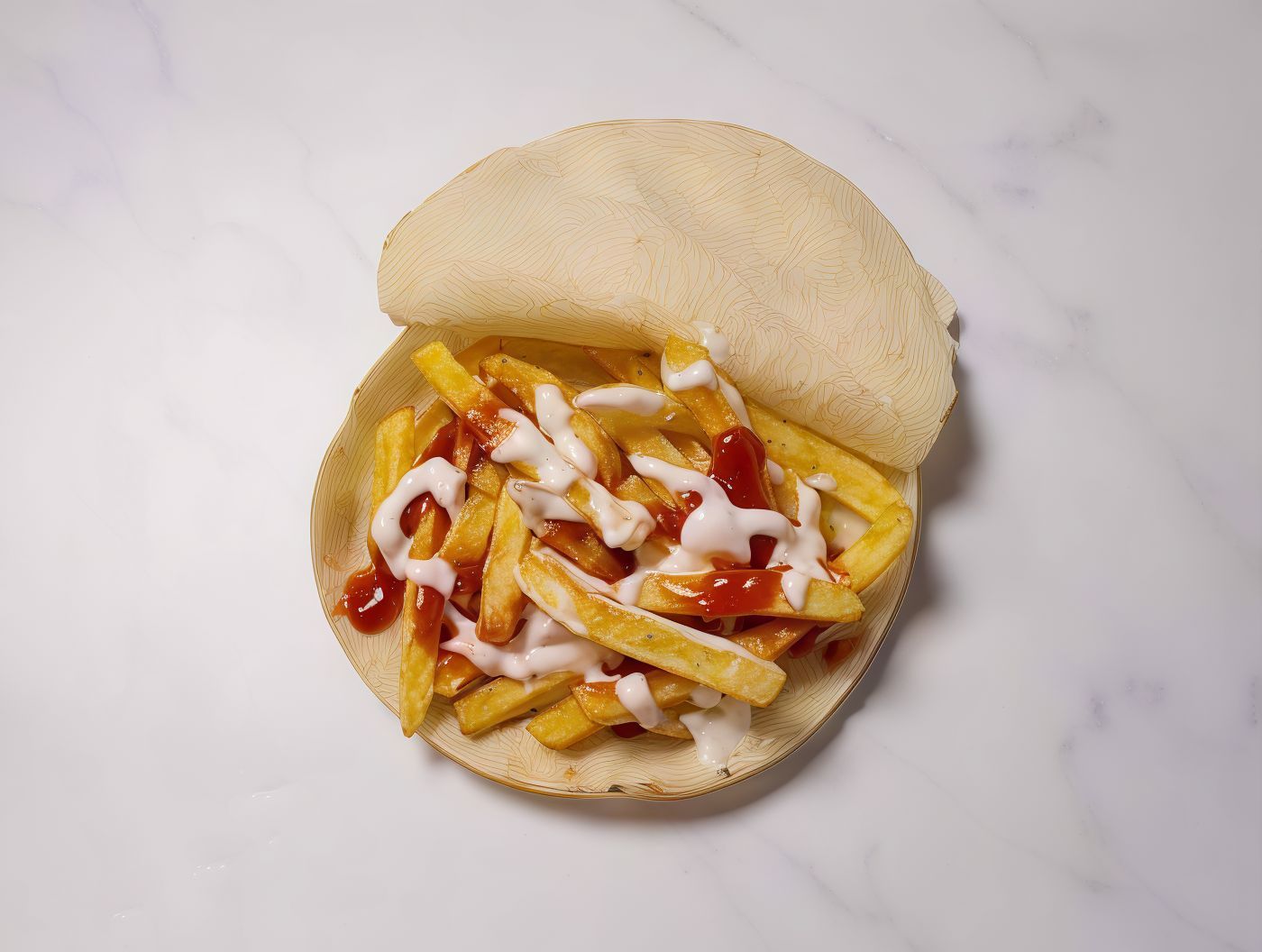 French Fries With Ketchup And Mayonnaise