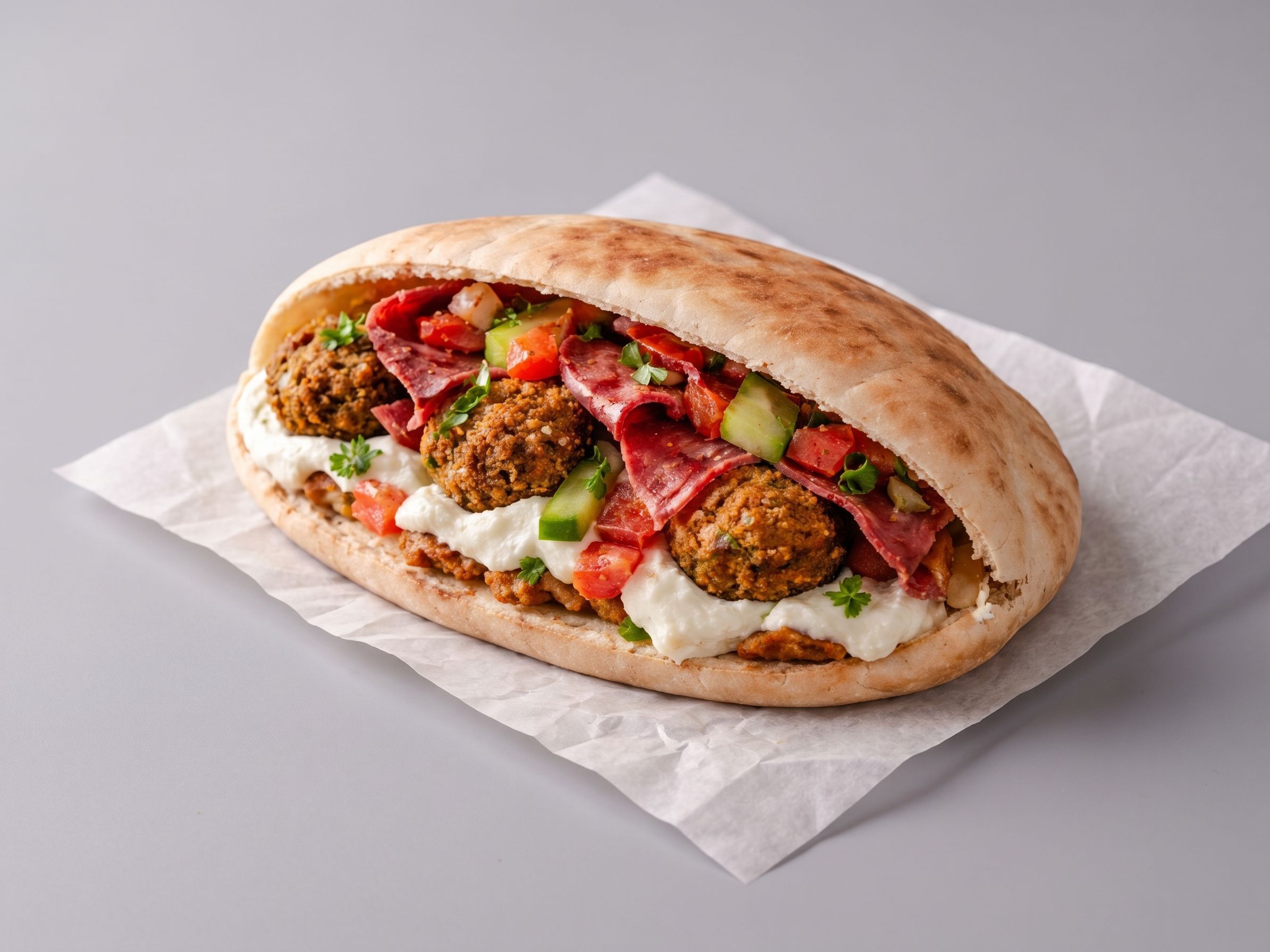 Falafel with Kiri cheese and pastrami