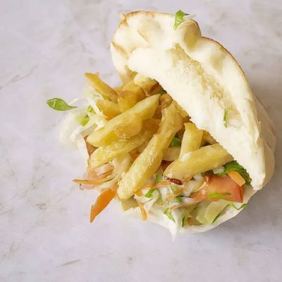 Baba Ghannoug with Alexandrian Foul and Potatoes.