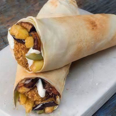 Falafel sandwich with eggplant moussaka