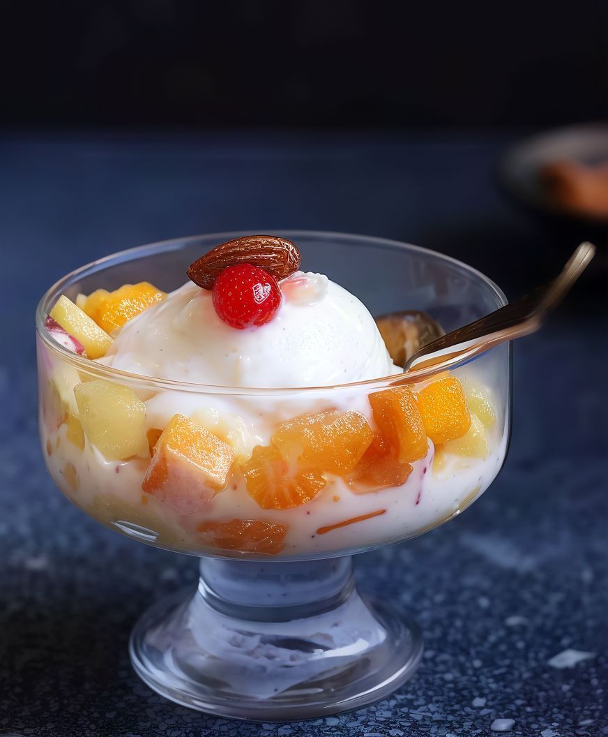 Seasonal fruit salad with ice cream