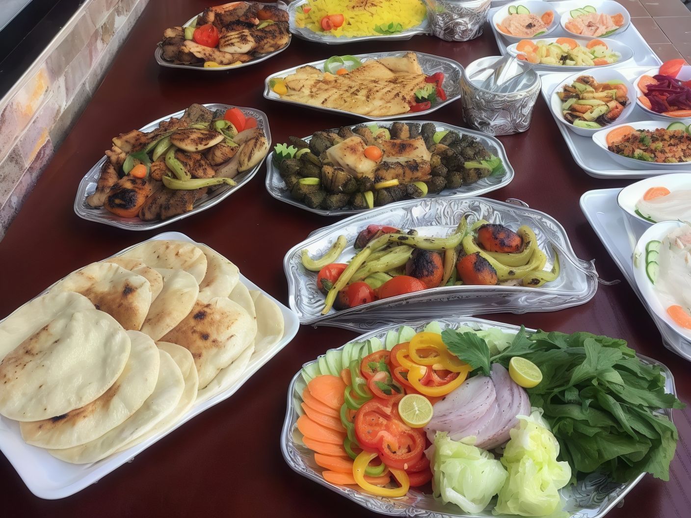 Grilled Chicken Meal On Charcoal And 2 Oriental Fatteh With Chicken Breasts On Grill