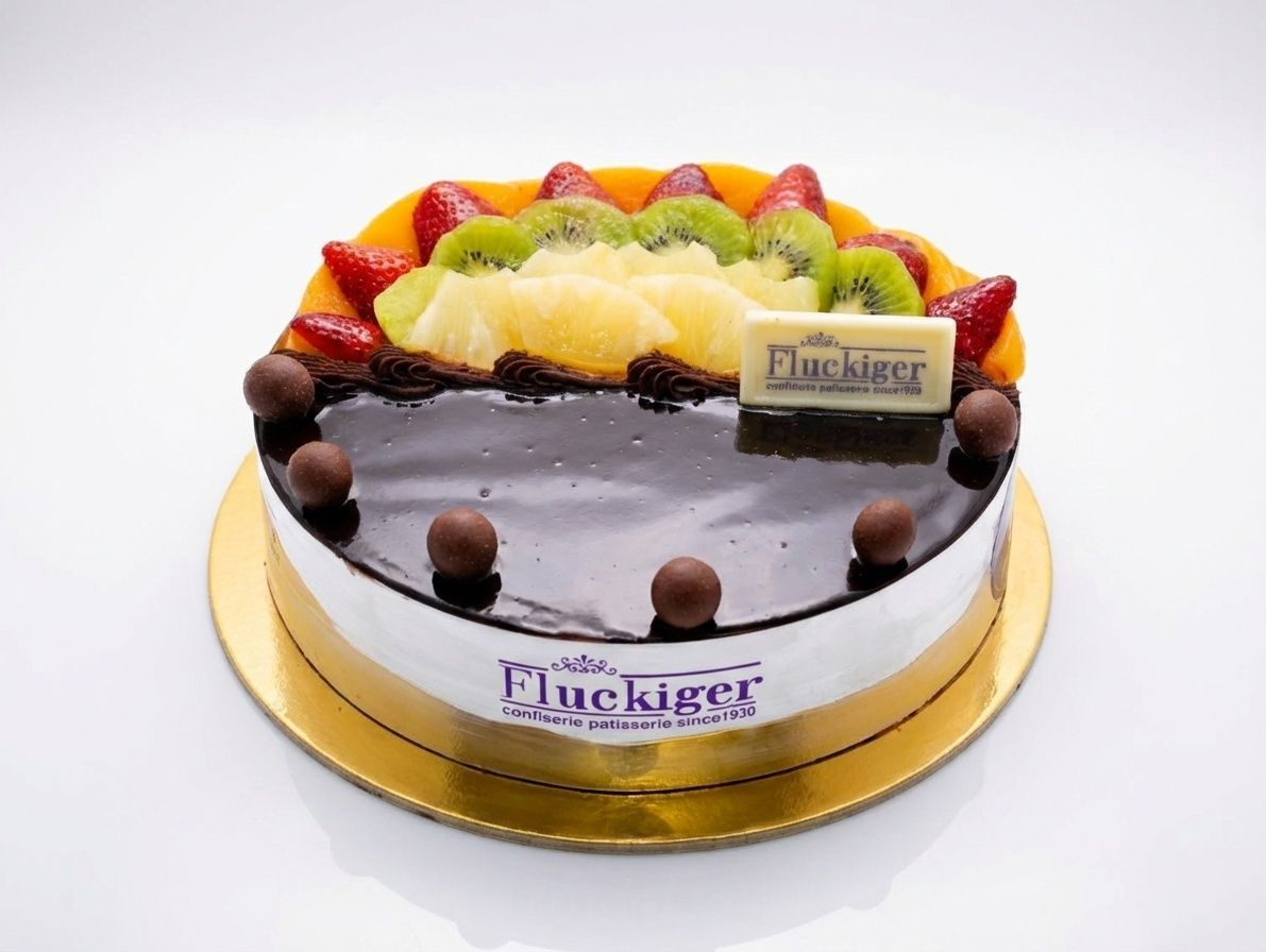 Half cream with fruits and half chocolate cake - 20 cm