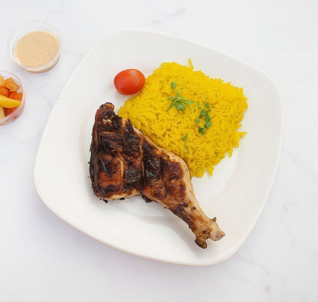 Meal 1/4 Chicken Leg, Rice, Bread And Salad