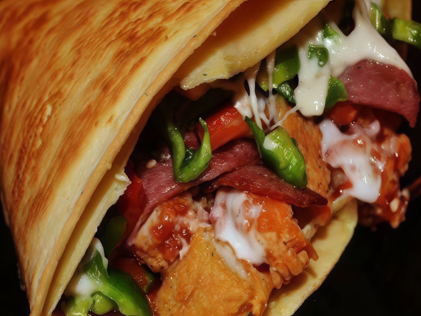 Fried chicken crepe with beef burger