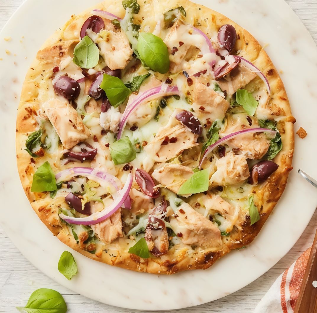 Oriental tuna pieces pizza