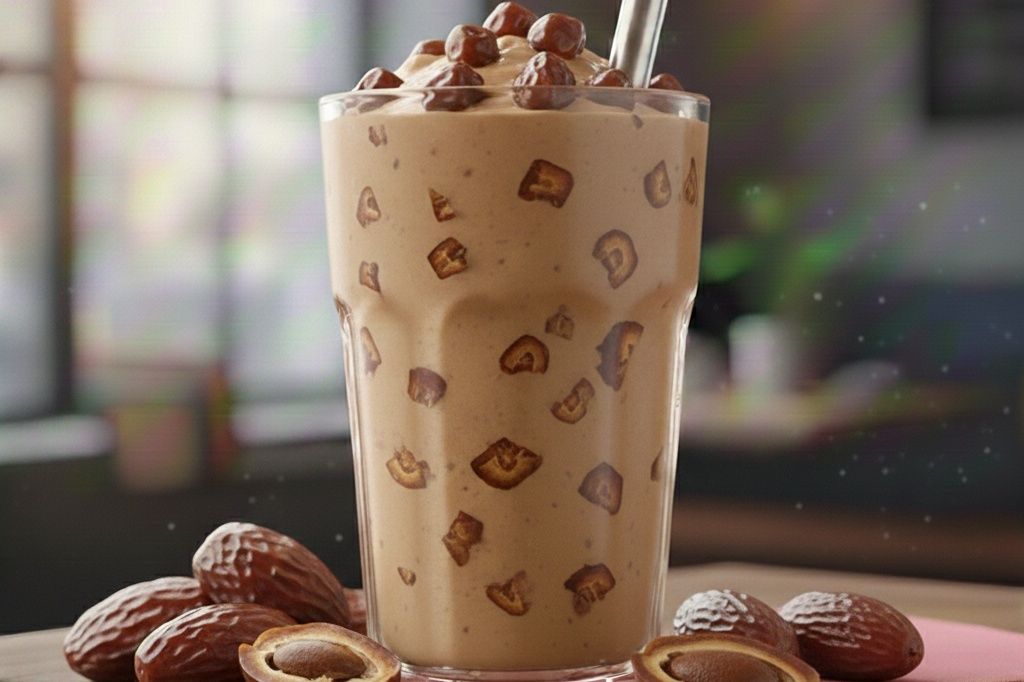 Cup of dates with milk, pieces, and juice