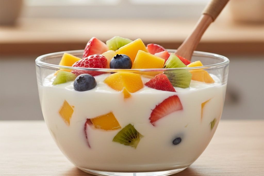 Yogurt dish with fruit pieces