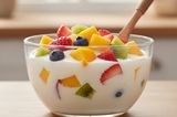 Yogurt dish with fruit pieces