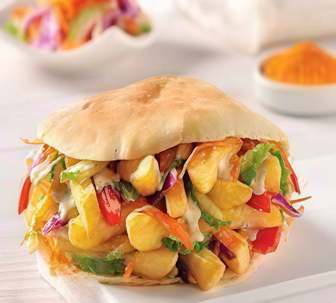 French Fries With Salad And Tahini Sandwich