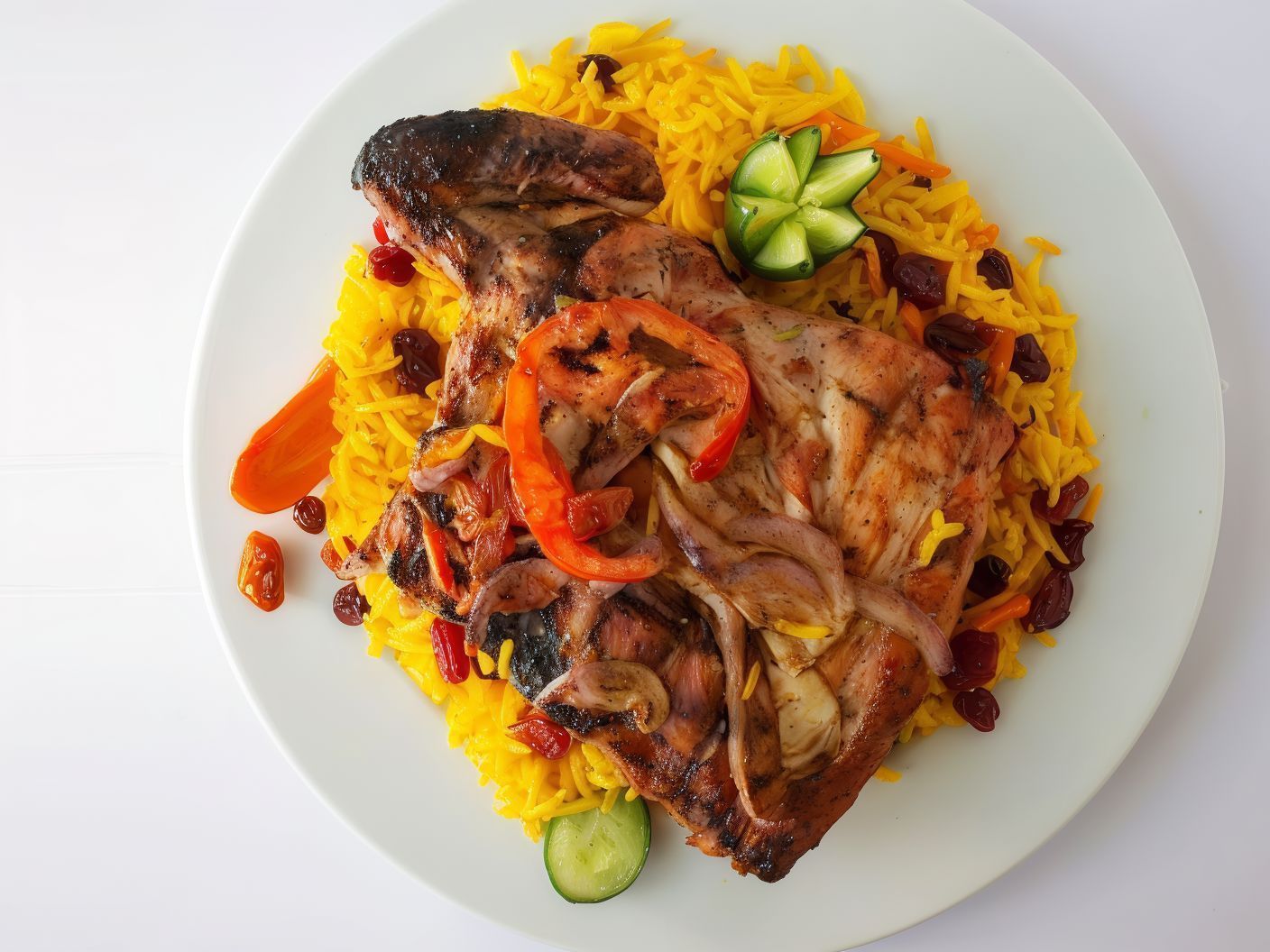 Quarter grilled chicken breast and rice and salad