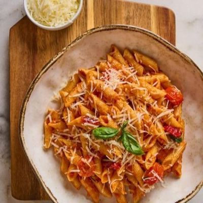 Penne Arrabbiata with Tomato Sauce, Cherry Tomatoes, Basil, Red Chili Pepper and Parmesan Cheese
