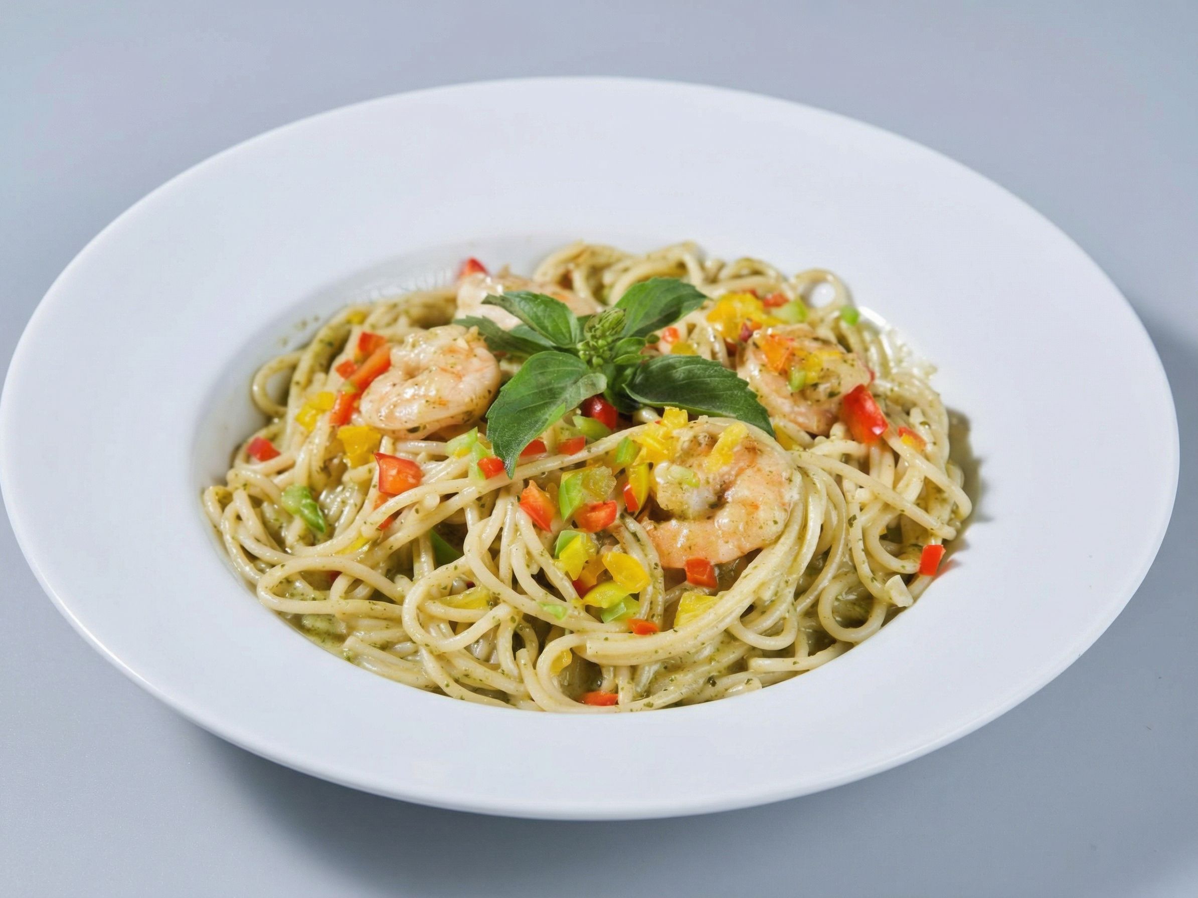 Spaghetti Al Pesto and Shrimp