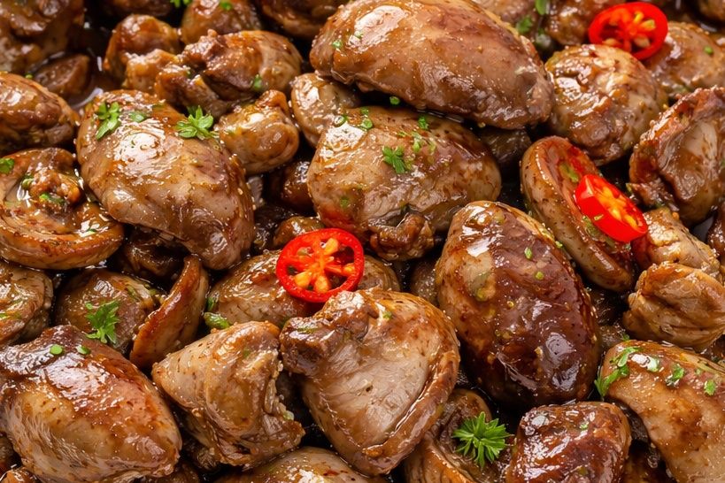 Liver, gizzards, rice, and salad meal