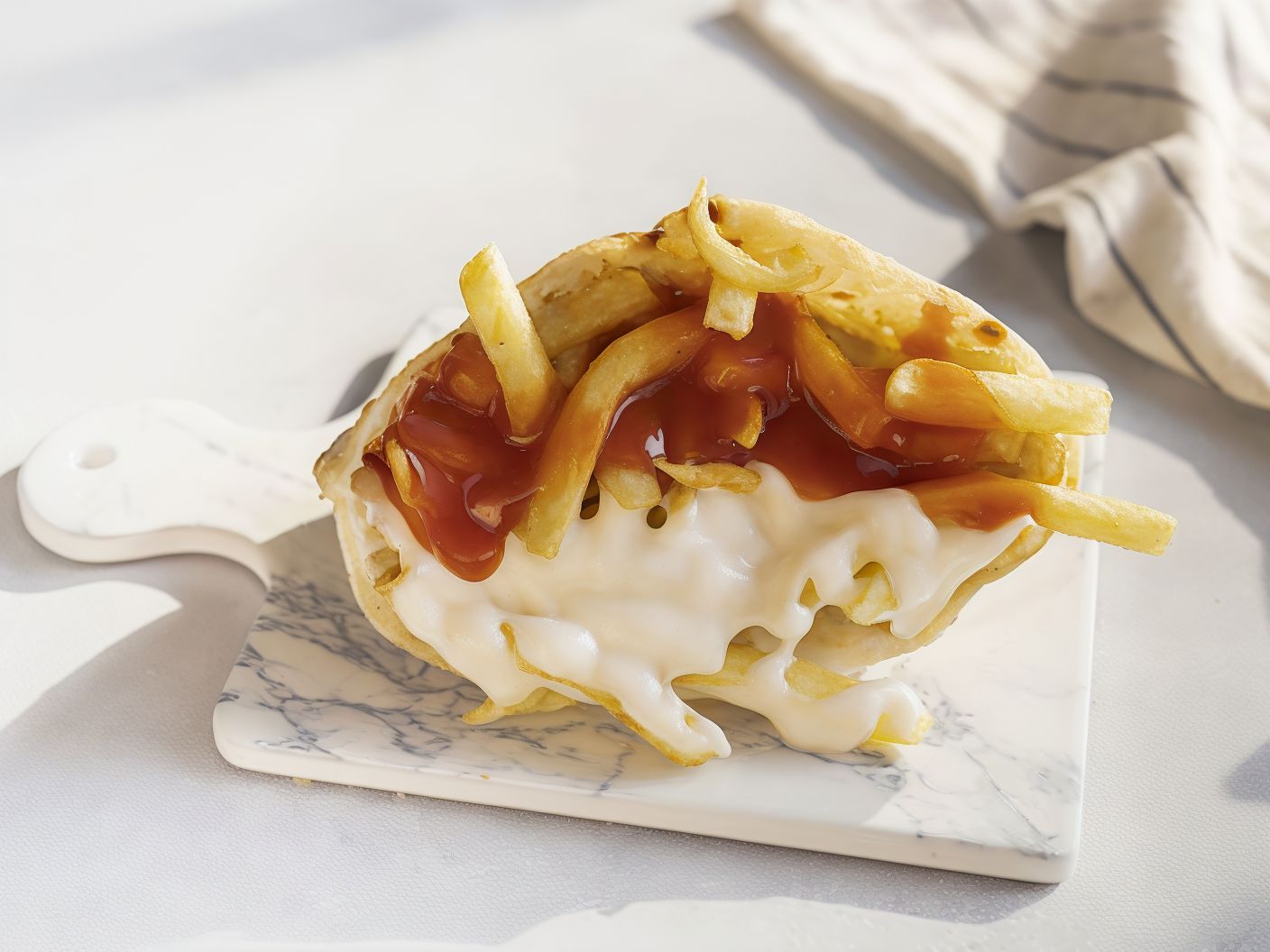French fries with ketchup and mayonnaise sandwich