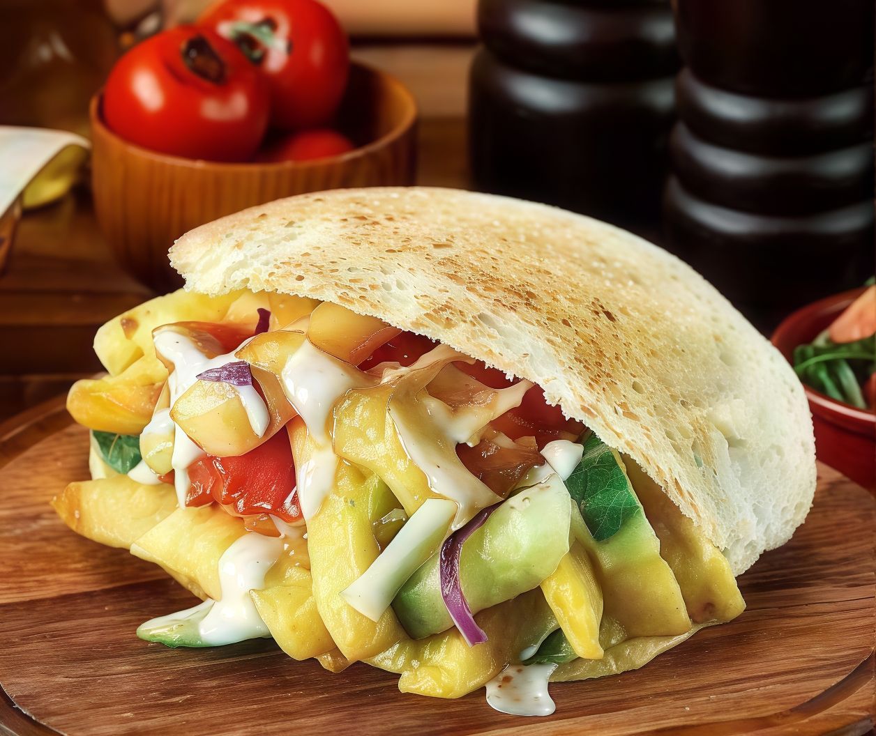 Potato Sandwich With Salad And Sesame Paste