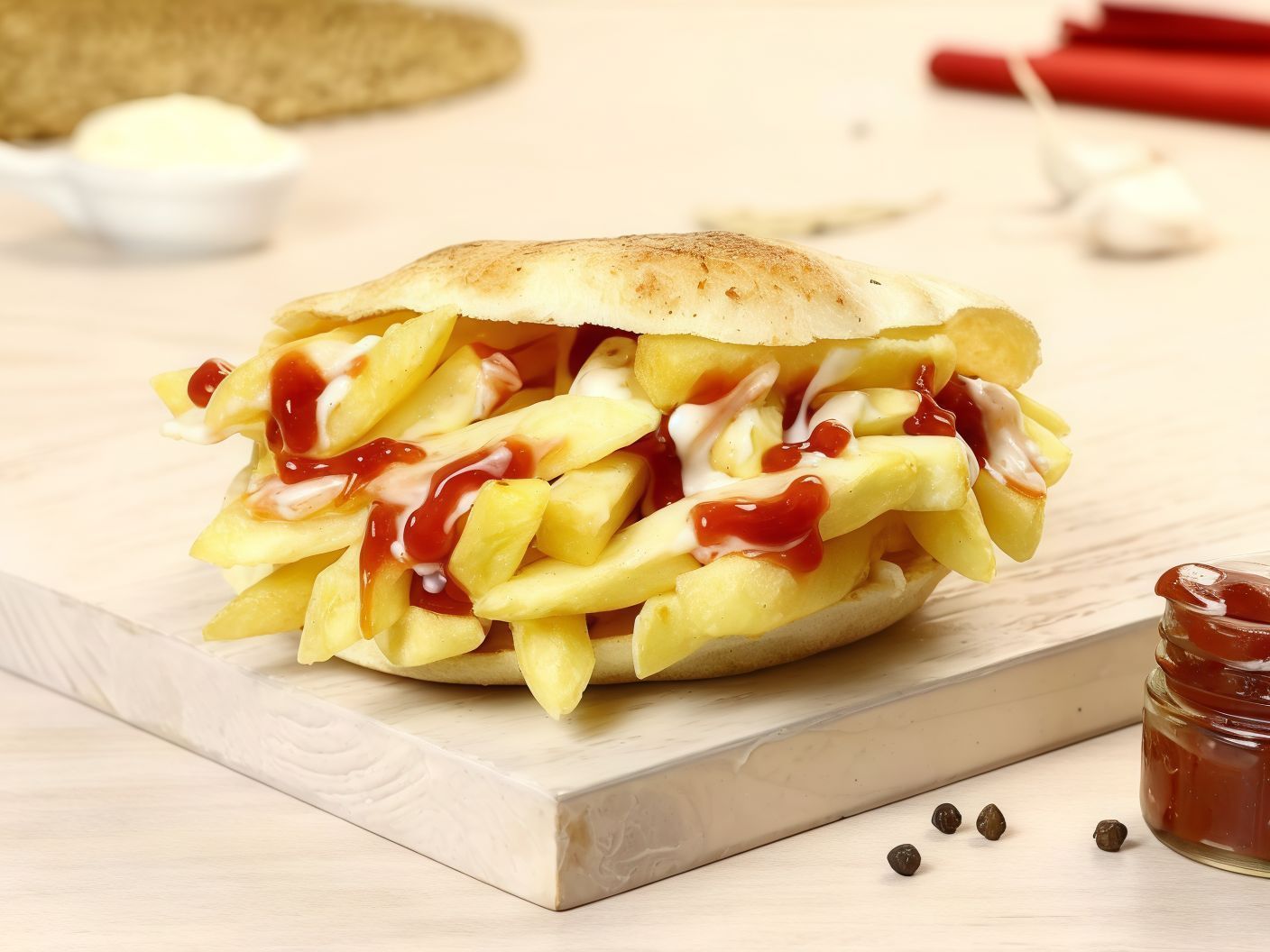 Potato with ketchup and mayonnaise sandwich